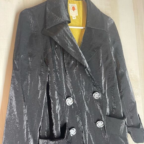 TULLE black double breasted long sleeve shimmering coat yellow lining, medium - Picture 6 of 15